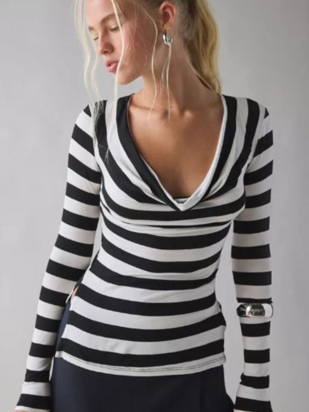 (UO-60) UO Late Night Jersey Knit Long Sleeve Cowl Neck Top